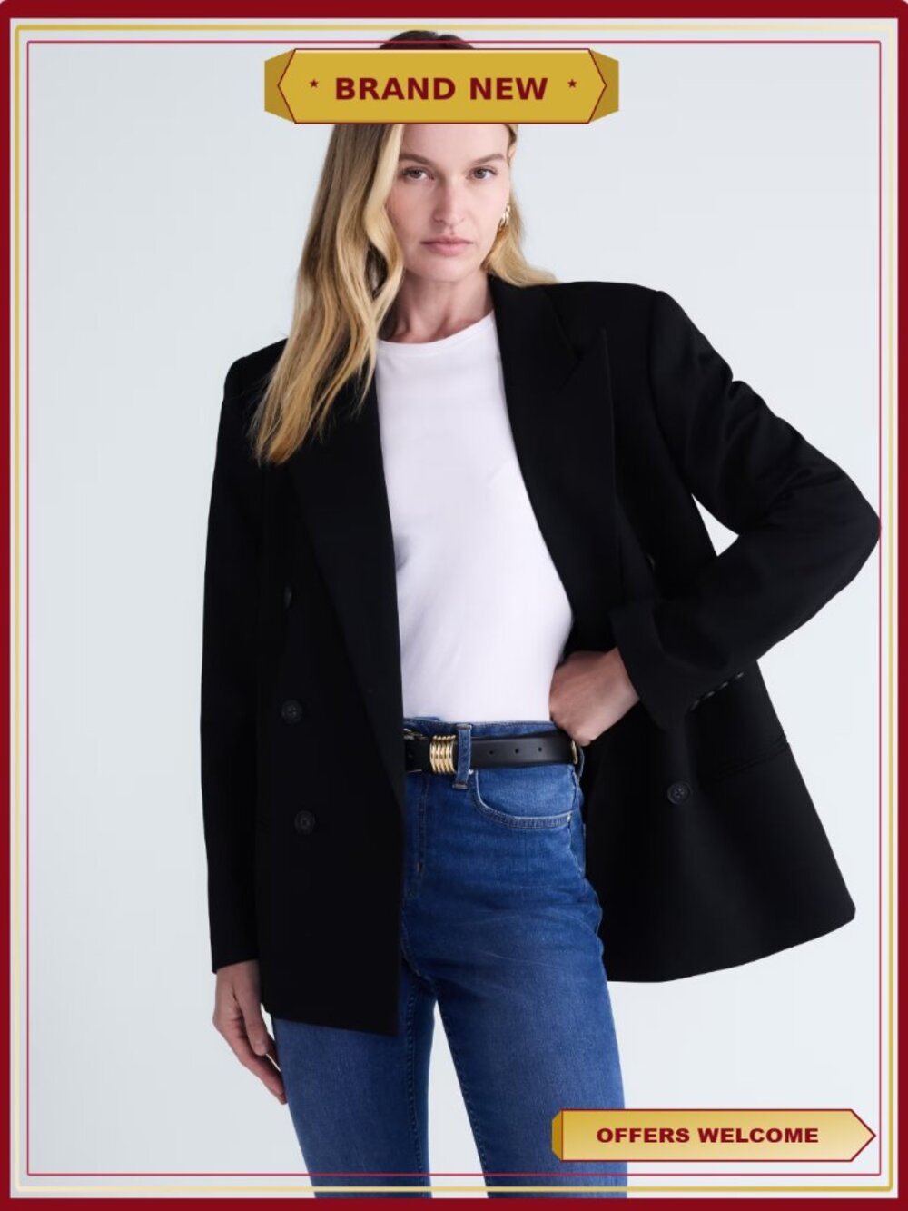 Double Breasted Blazer Wide Peak Lapels Boxy Fit Office Wear
